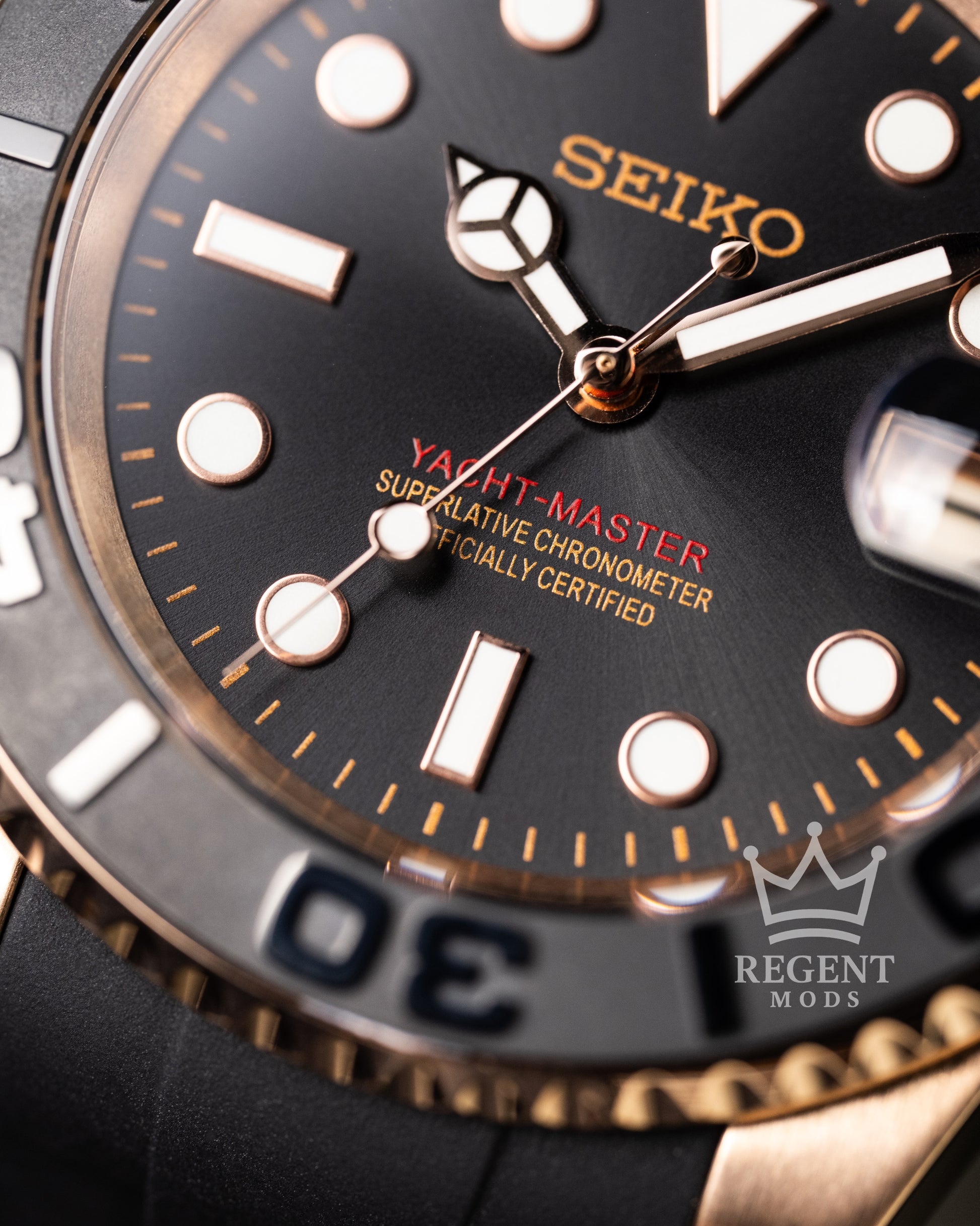 Seiko Mod Rose Gold Yacht Master Homage Black Dial Dive Watch With Cyclops Date