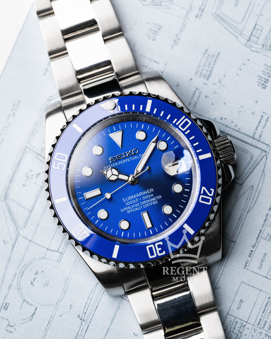 Seiko Mod Submariner Smurf In Sunburst Blue Dial With Matching Blue Bezel And Stainless Steel Bracelet