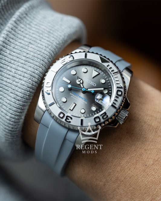 Seiko Mod Yacht-Master Homage On Wrist Rhodium Dial With Silver Bezel And Grey Rubber Strap