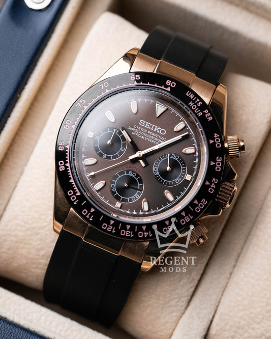 Seiko Mod Daytona Homage Seitona Rose Gold Chronograph With Brown Dial And Rubber Strap