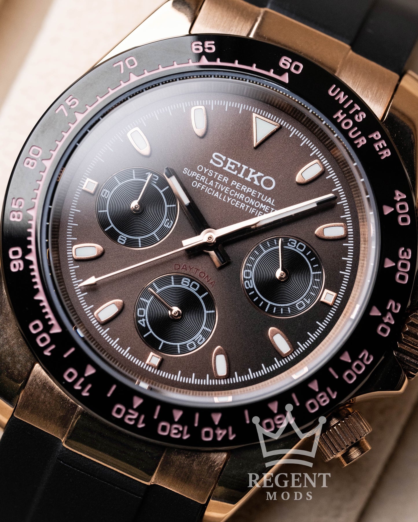 Seiko Mod Daytona Homage Seitona Rose Gold Chronograph With Brown Dial And Rubber Strap
