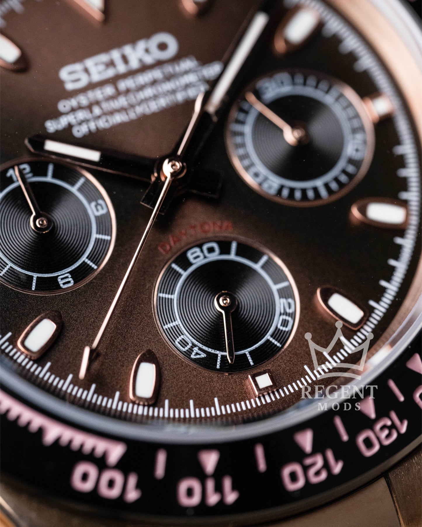 Seiko Mod Daytona Homage Seitona Rose Gold Chronograph With Brown Dial And Rubber Strap