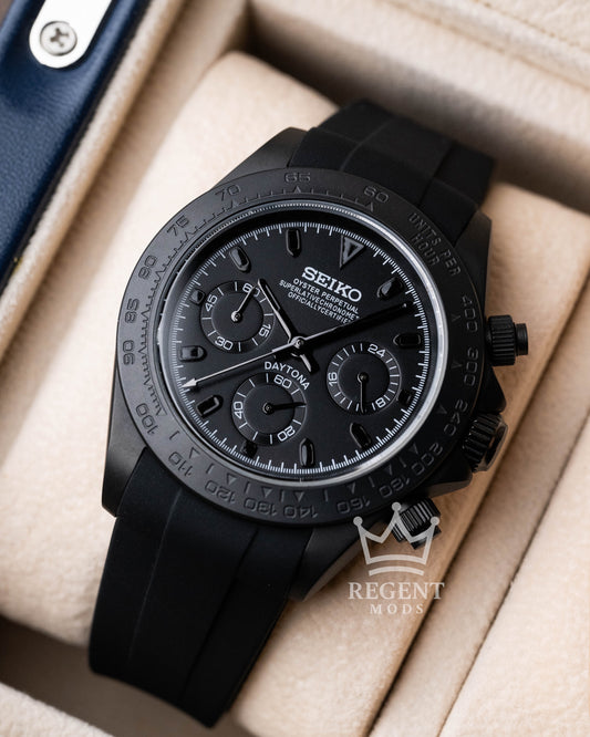 Seiko Mod Daytona Homage All Black Seitona Chronograph With Matte Black Dial And Rubber Strap