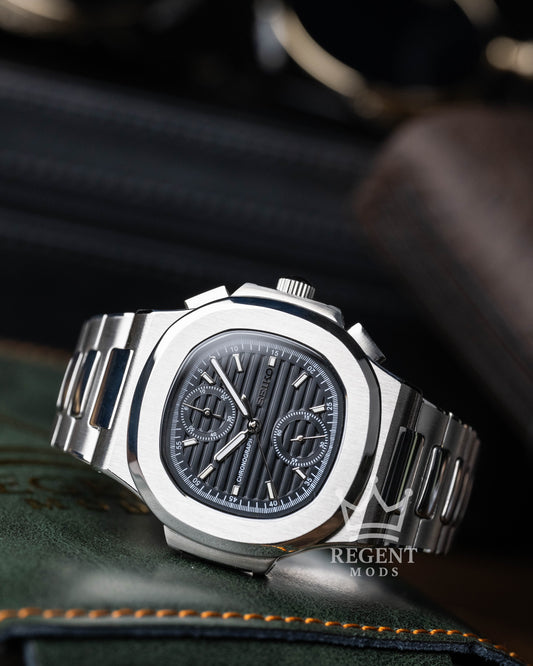 Seiko Mod Nautilus Homage Black Dial Seikonaut Chronograph With Brushed Steel Case And Integrated Bracelet