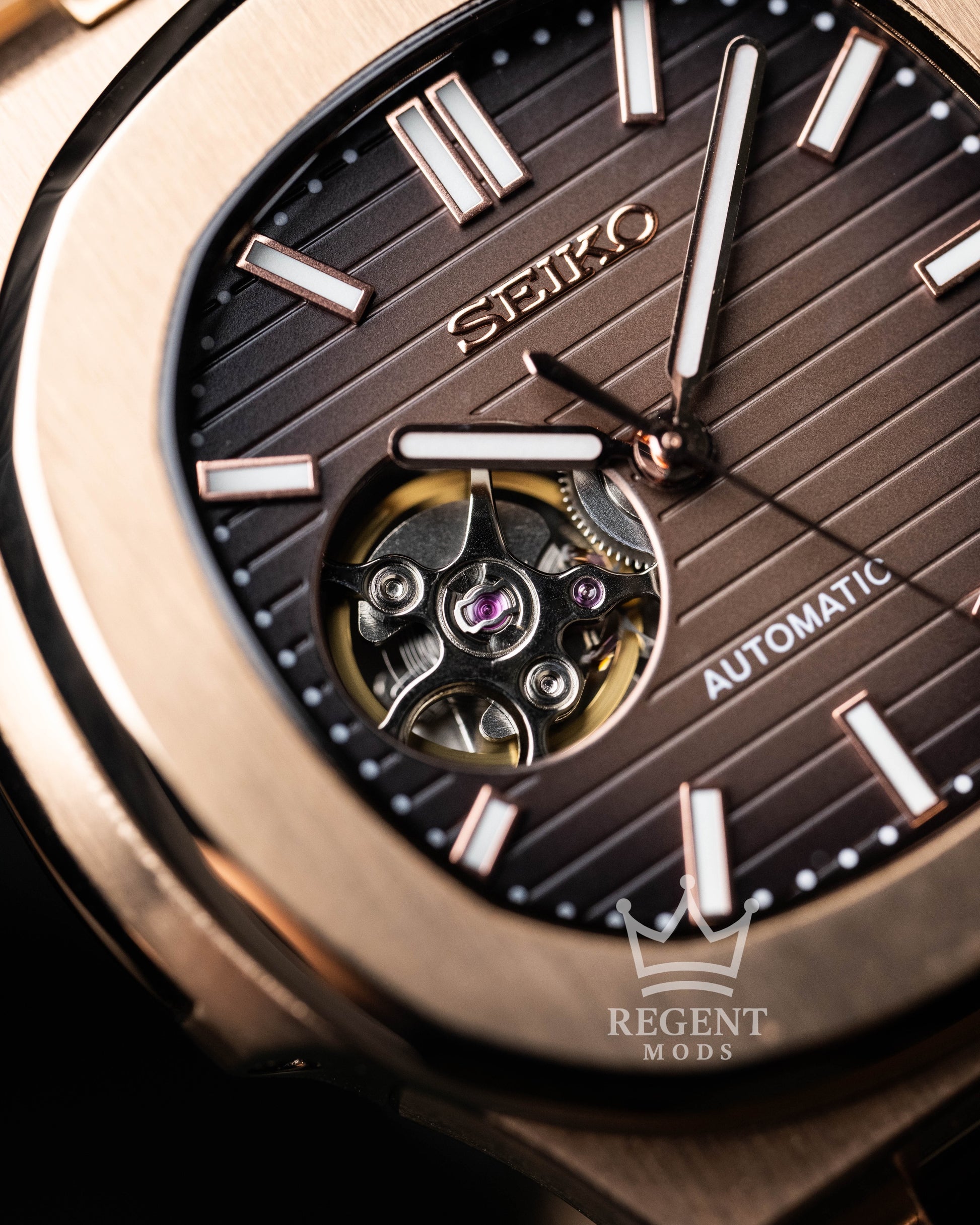 Seiko Mod Nautilus Homage Brown Dial Seikonaut With Brushed Rose Gold Case And Integrated Bracelet