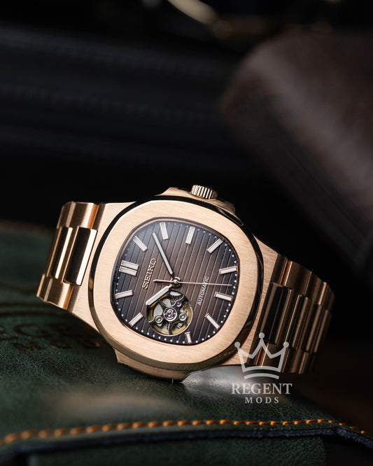 Seiko Mod Nautilus Homage Brown Dial Seikonaut With Brushed Rose Gold Case And Integrated Bracelet