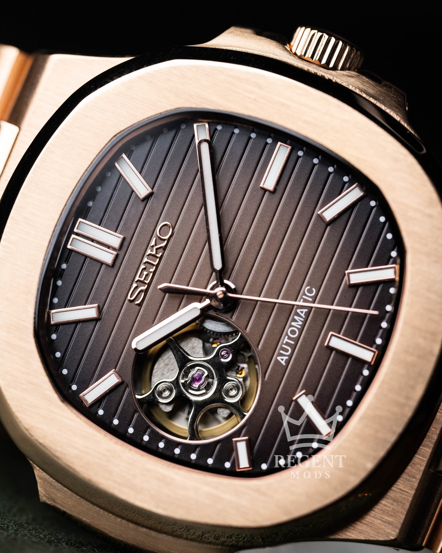 Seiko Mod Nautilus Homage Brown Dial Seikonaut With Brushed Rose Gold Case And Integrated Bracelet