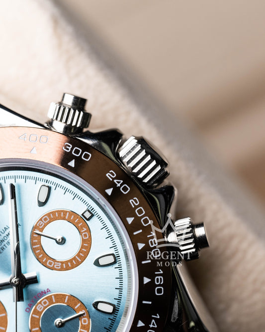 Seiko Mod Platinum Daytona Homage Seitona Chronograph With Light Blue Dial Brown Bezel