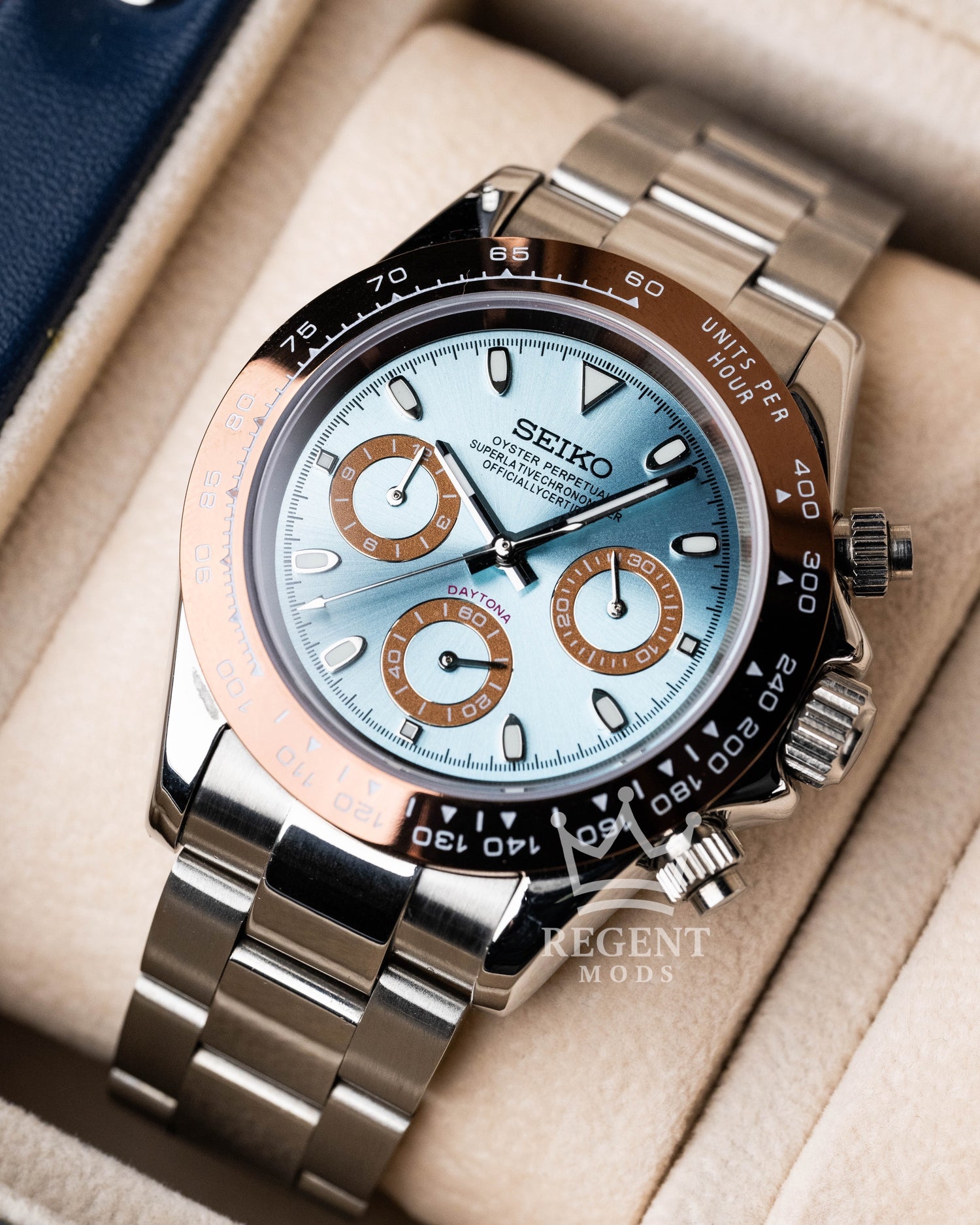 Seiko Mod Platinum Daytona Homage Seitona Chronograph With Light Blue Dial Brown Bezel