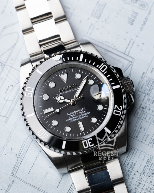 Seiko Mod Submariner With Black Bezel And Dial Automatic Diver On Brushed Oyster Bracelet