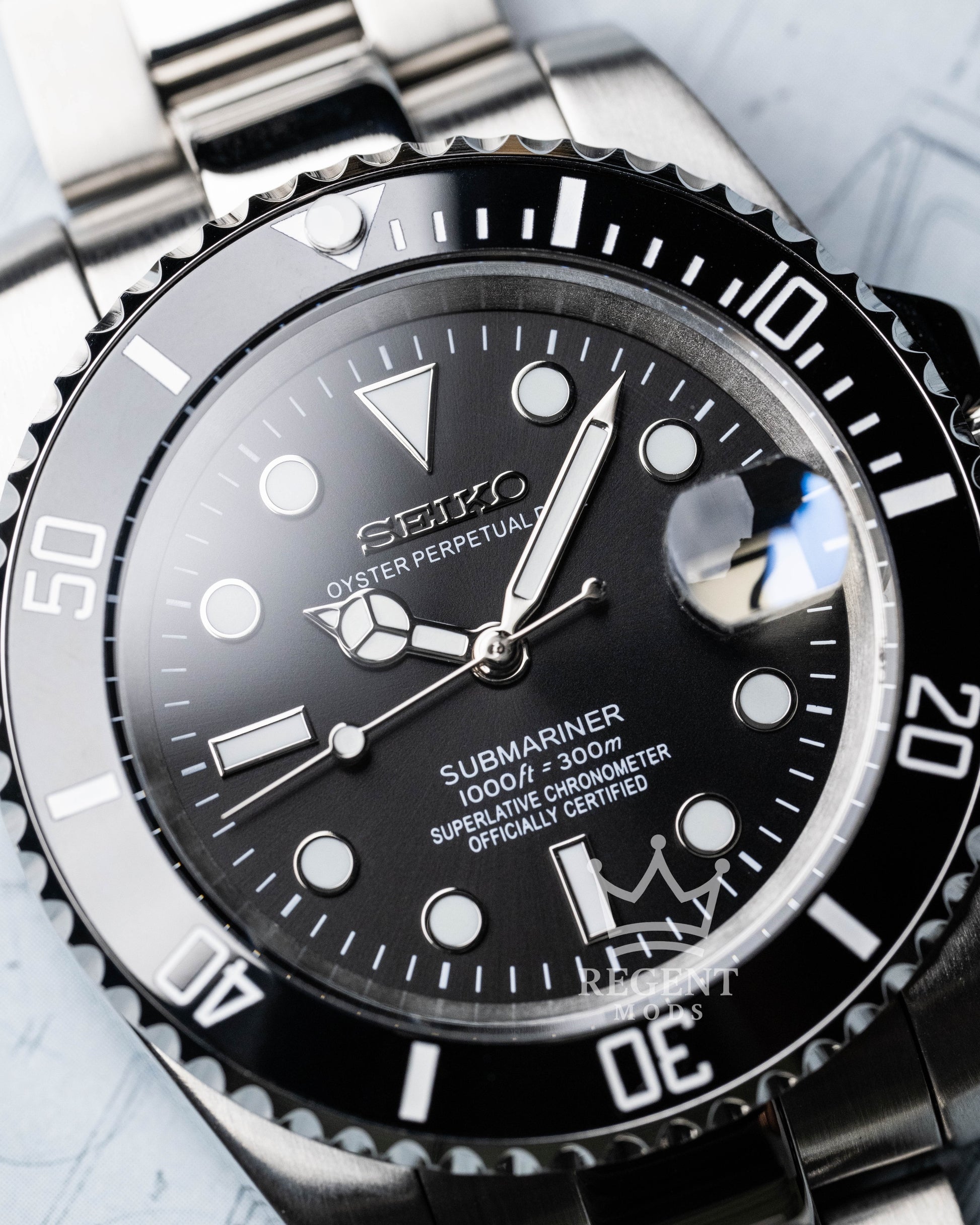 Seiko Mod Submariner With Black Bezel And Dial Automatic Diver On Brushed Oyster Bracelet